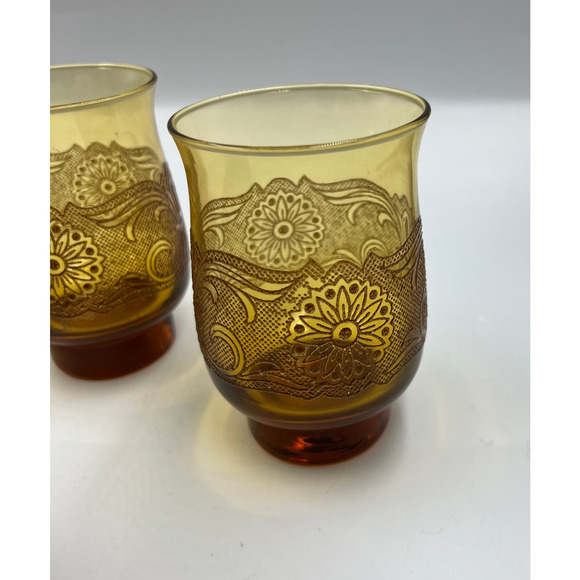 Vintage Amber Libbey Americana Lace Embossed Glass Etched Tumblers 7 Pieces MCM - Picture 10 of 10
